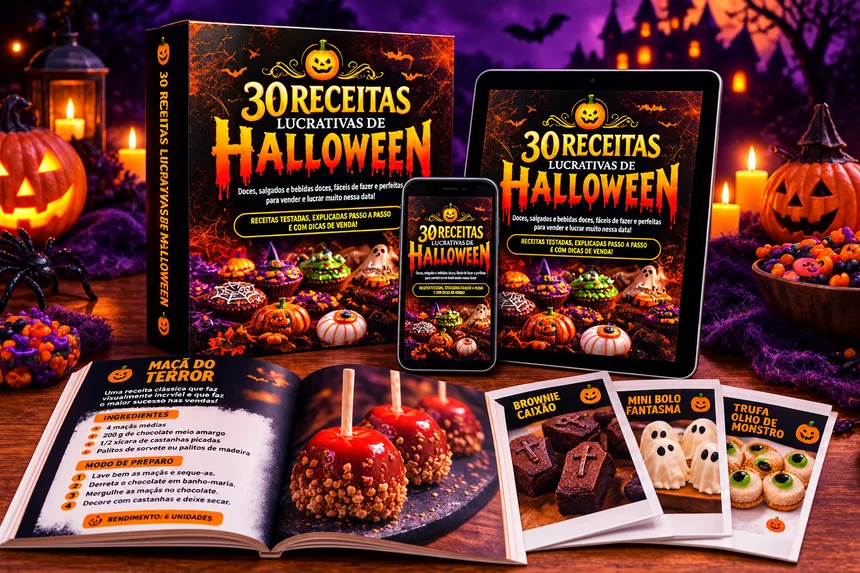 Livro digital 30 Receitas Lucrativas de Halloween em livro, tablet, celular e páginas de receitas