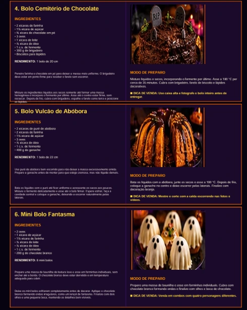Páginas do material com as receitas Bolo Cemitério de Chocolate, Bolo Vulcão de Abóbora e Mini Bolo Fantasma