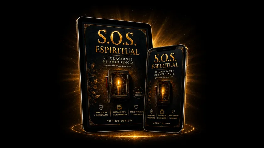 S.O.S. Espiritual — mockup libro, tablet y móvil, 30 oraciones de emergencia para cada crisis de tu vida