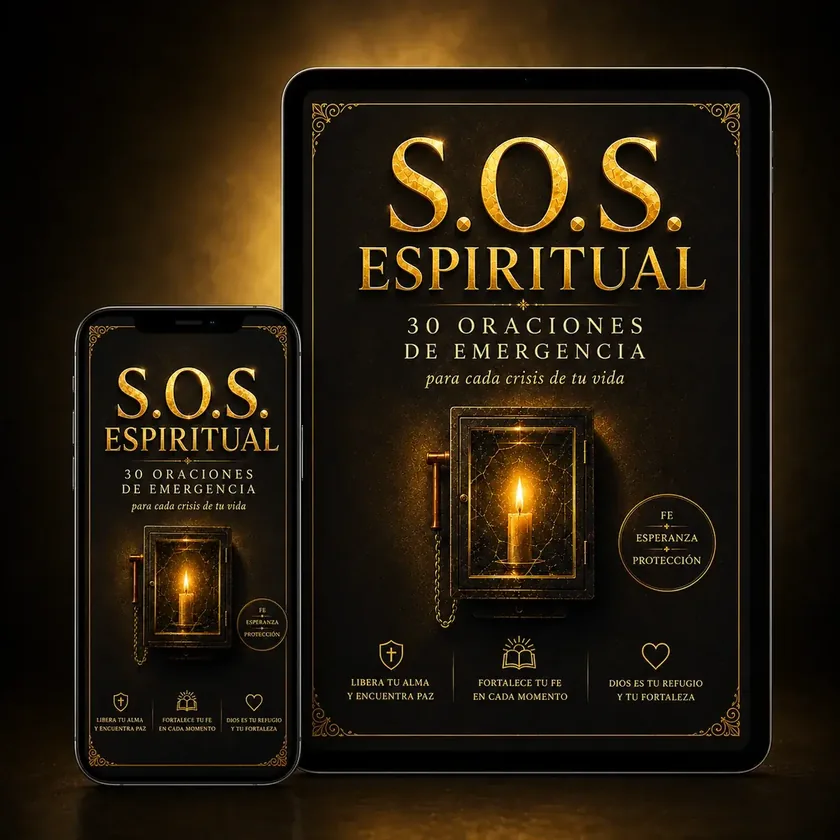 S.O.S. Espiritual — mockup libro, tablet y móvil, 30 oraciones de emergencia para cada crisis de tu vida